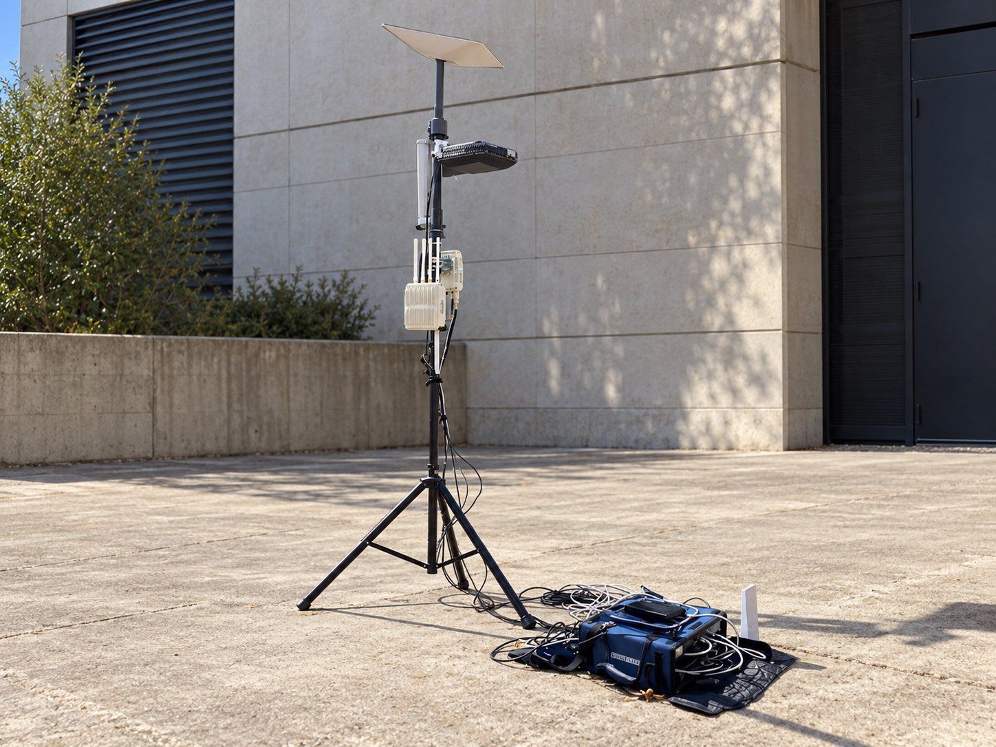 Mástil con antena de satélite y equipos de conexión desplegado junto a un recinto