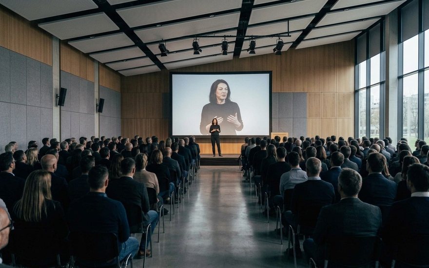 Sala de un acto corporativo, con el escenario y el público